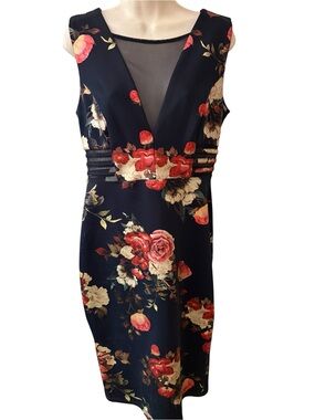 Enfocus Studio Black Floral V-Neck Midi Dress with Red and Cream Blooms